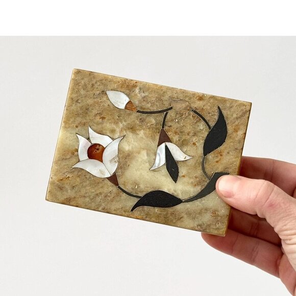 Floral Abalone Inlaid Soapstone Vintage Trinket Box | Jewelry box | Ring Dish - Picture 1 of 9